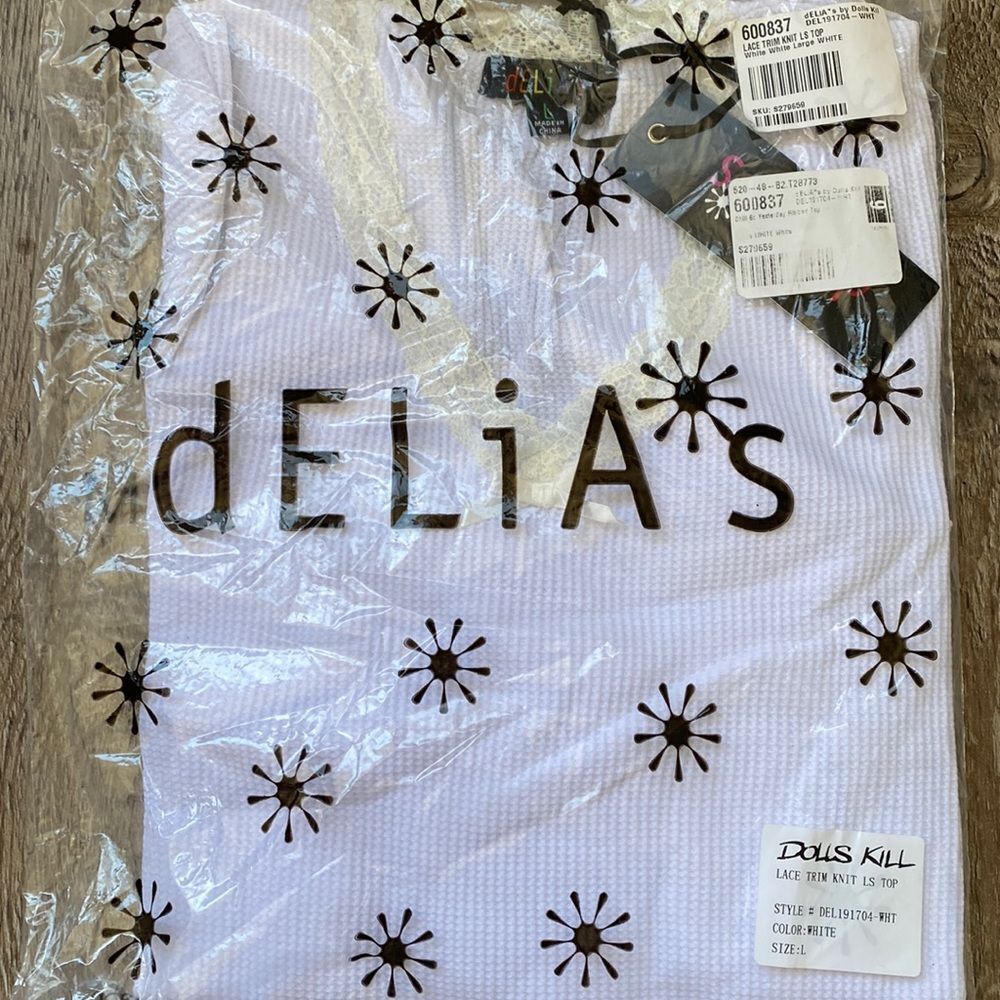 Delias by Dolls Kill Collab White Thermal Waffle Knit Long Sleeve Top Lace Trim